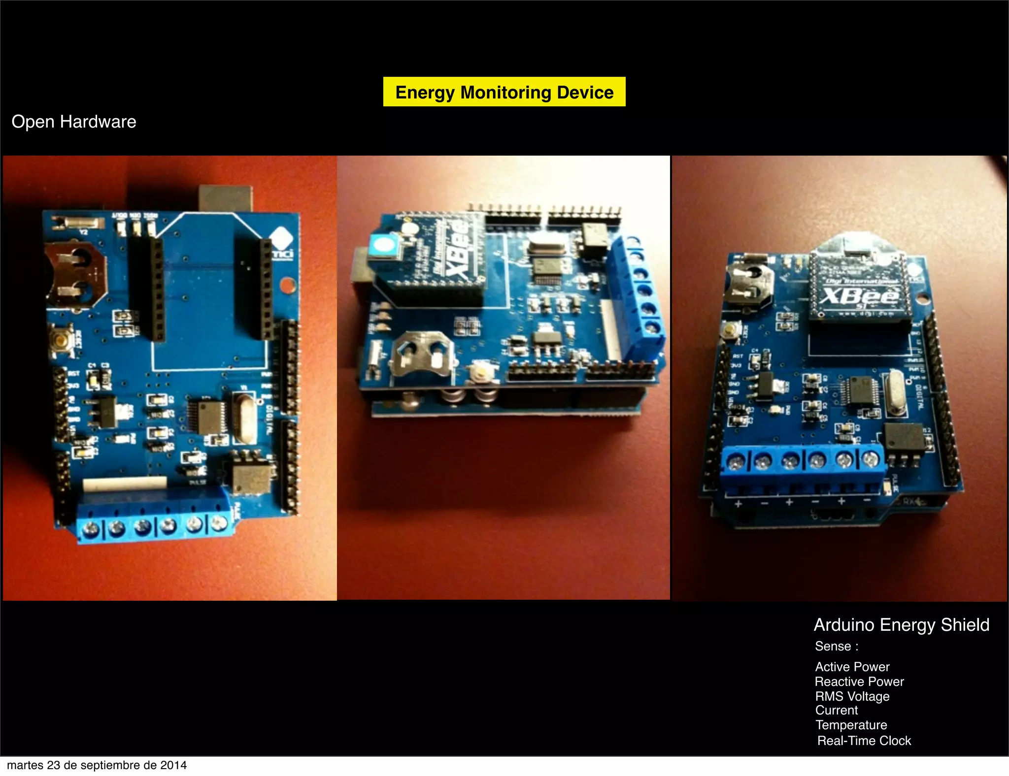 Open Hardware 
Arduino Energy Shield 
Sense : 
Active Power 
Reactive Power 
RMS Voltage 
Current 
Temperature 
Real-Time Clock 
Energy Monitoring Device 
martes 23 de septiembre de 2014 
 