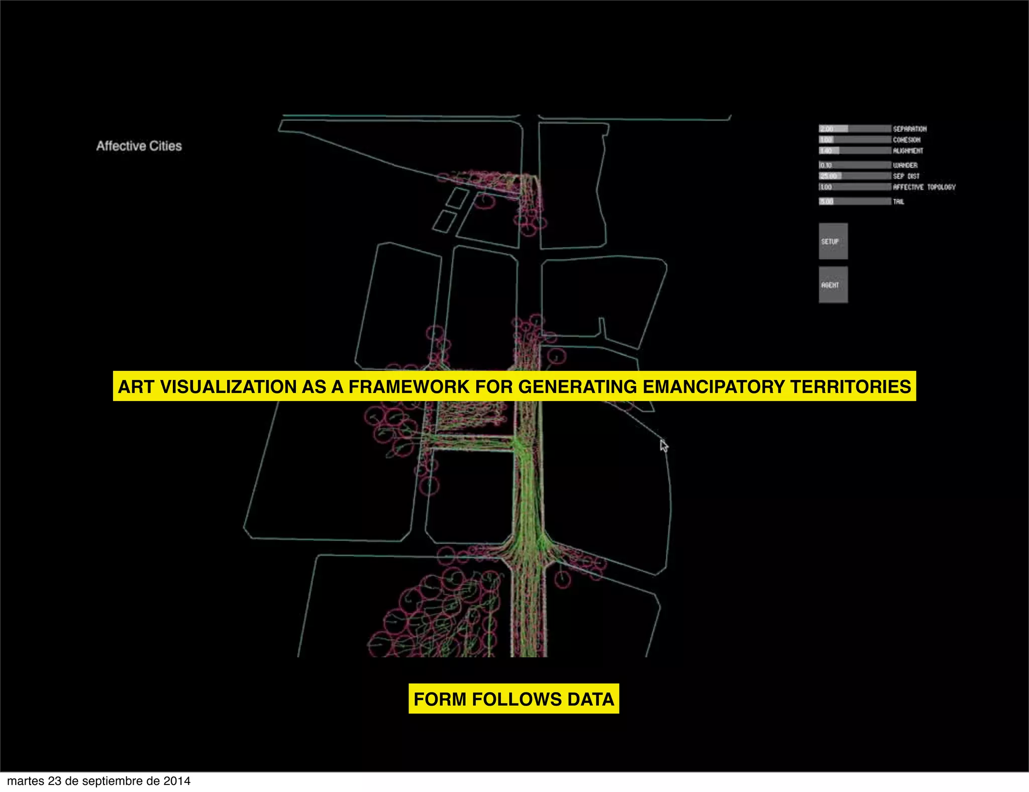 ART VISUALIZATION AS A FRAMEWORK FOR GENERATING EMANCIPATORY TERRITORIES 
FORM FOLLOWS DATA 
martes 23 de septiembre de 2014 
 