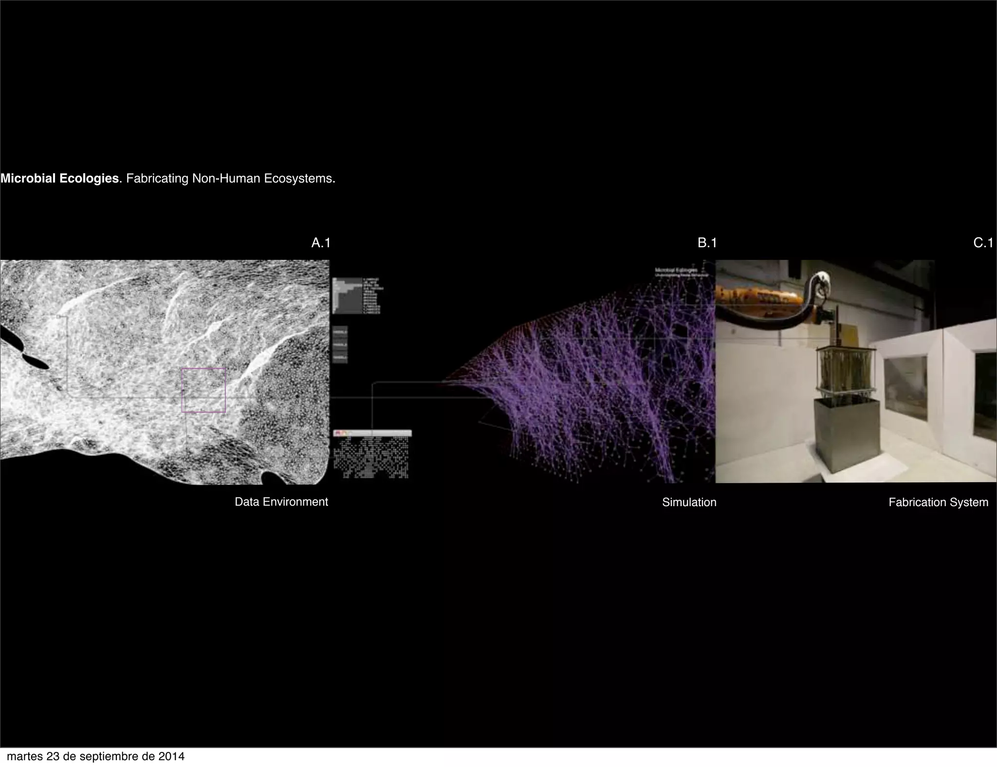 Microbial Ecologies. Fabricating Non-Human Ecosystems. 
A.1 B.1 C.1 
Data Environment Simulation Fabrication System 
martes 23 de septiembre de 2014 
 