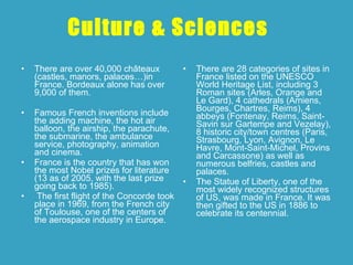 Culture & Sciences   There are  over  40,000 châteaux (castles, manors, palaces…)in France. Bordeaux alone has over 9,000  of them.   Famous French inventions include the adding machine, the hot air balloon, the airship, the parachute, the submarine, the ambulance service, photography, animation and cinema.  France is the country that has won the most Nobel prizes for literature (13 as of 2005, with the last prize going back to 1985).  The first flight of the Concorde took place in 1969, from the French city of Toulouse, one of the centers of the aerospace industry in Europe.  There are 28 categories of sites in France listed on the UNESCO World Heritage List, including 3 Roman sites (Arles, Orange and Le Gard), 4 cathedrals (Amiens, Bourges, Chartres, Reims), 4 abbeys (Fontenay, Reims, Saint-Savin sur Gartempe and Vezelay), 8 historic city/town centres (Paris, Strasbourg, Lyon, Avignon, Le Havre, Mont-Saint-Michel, Provins and Carcassone) as well as numerous belfries, castles and palaces.  The Statue of Liberty, one of the most widely recognized structures of US, was made in France. It was then gifted to the US in 1886 to celebrate its centennial .  