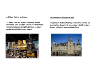 La Cité du Train à Mulhouse                            Découverte du château de Sully

La Cité du Train est plus qu’un simple musée           Imaginez un château habité par la même famille, les
ferroviaire, c’est une part entière de l’histoire de   Mac Mahon, depuis 250 ans, entouré de 60 hectares
France qui vous est comptée dans un parcours           de parc où fusent les rires des enfants
spectacle particulièrement vivant.
 