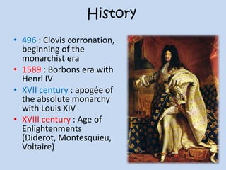 History
• 496 : Clovis corronation,
beginning of the
monarchist era
• 1589 : Borbons era with
Henri IV
• XVII century : apogée of
the absolute monarchy
with Louis XIV
• XVIII century : Age of
Enlightenments
(Diderot, Montesquieu,
Voltaire)
 