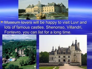  Museum lovers will be happy to visit Luvr and
lots of famous castles. Shenonso, Villandri,
Fontevro, you can list for a long time.