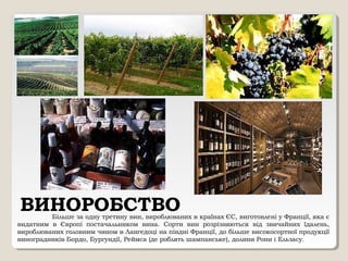 ВИНОРОБСТВОБільше за одну третину вин, вироблюваних в країнах ЄС, виготовлені у Франції, яка є
видатним в Європі постачальником вина. Сорти вин розрізняються від звичайних їдалень,
вироблюваних головним чином в Лангедоці на півдні Франції, до більше високосортної продукції
виноградників Бордо, Бургундії, Реймса (де роблять шампанське), долини Рони і Ельзасу.
 