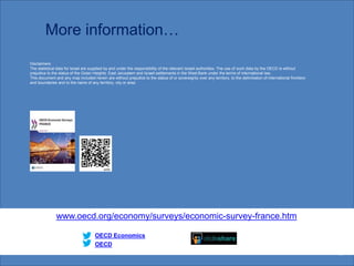 More information…
www.oecd.org/economy/surveys/economic-survey-france.htm
OECD
OECD Economics
34
Disclaimers:
The statistical data for Israel are supplied by and under the responsibility of the relevant Israeli authorities. The use of such data by the OECD is without
prejudice to the status of the Golan Heights, East Jerusalem and Israeli settlements in the West Bank under the terms of international law.
This document and any map included herein are without prejudice to the status of or sovereignty over any territory, to the delimitation of international frontiers
and boundaries and to the name of any territory, city or area.
 