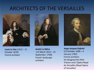 ARCHITECTS OF THE VERSAILLES
Louis Le Vau (1612 – 11
October 1670)
French architect
André Le Nôtre
(12 March 1613 – 15
September 1700)
French landscape
architect
Ange-Jacques Gabriel
(23 October 1698 – 4
January 1782)
French architect.
He designed the Petit
Trianon and L'Opéra Royal
de Versailles (Royal Opera
of Versailles)
 