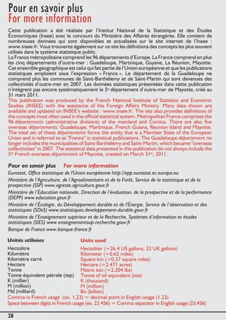 Pour en savoir plus 
For more information 
Cette publication a été réalisée par l’Institut National de la Statistique et des Études 
Économiques (Insee) avec le concours du Ministère des Affaires étrangères. Elle contient de 
nombreuses données qui sont disponibles et actualisées sur le site internet de l’Insee : 
www.insee.fr. Vous trouverez également sur ce site les définitions des concepts les plus souvent 
utilisés dans le système statistique public. 
La France métropolitaine comprend les 96 départements d’Europe. La France comprend en plus 
les cinq départements d’outre-mer : Guadeloupe, Martinique, Guyane, La Réunion, Mayotte. 
Cet ensemble géographique est celui qui fait partie de l’Union européenne et que les publications 
statistiques emploient sous l’expression « France ». Le département de la Guadeloupe ne 
comprend plus les communes de Saint-Barthélemy et de Saint-Martin qui sont devenues des 
collectivités d’outre-mer en 2007. Les données statistiques présentées dans cette publication 
n’intègrent pas encore systématiquement le 5e département d’outre-mer de Mayotte, créé au 
31 mars 2011. 
This publication was produced by the French National Institute of Statistics and Economic 
Studies (INSEE) with the assistance of the Foreign Affairs Ministry. Many data shown are 
available and updated on INSEE’s website : www.insee.fr. The site also provides definitions of 
the concepts most often used in the official statistical system. Metropolitan France comprises the 
96 départements (administrative divisions) of the mainland and Corsica. There are also five 
overseas départements: Guadeloupe, Martinique, French Guiana, Reunion Island and Mayotte. 
The total set of these départements forms the entity that is a Member State of the European 
Union and is referred to as "France" in statistical publications. The Guadeloupe département no 
longer includes the municipalities of Saint-Barthélemy and Saint-Martin, which became "overseas 
collectivities" in 2007. The statistical data presented in this publication do not always include the 
5th French overseas département of Mayotte, created on March 31st, 2011. 
Pour en savoir plus For more information 
Eurostat, Office statistique de l'Union européenne http://epp.eurostat.ec.europa.eu 
Ministère de l’Agriculture, de l’Agroalimentaire et de la Forêt, Service de la statistique et de la 
prospective (SSP) www.agreste.agriculture.gouv.fr 
Ministère de l’Éducation nationale, Direction de l’évaluation, de la prospective et de la performance 
(DEPP) www.education.gouv.fr 
Ministère de l’Écologie, du Développement durable et de l'Énergie, Service de l’observation et des 
statistiques (SOeS) www.statistiques.developpement-durable.gouv.fr 
Ministère de l’Enseignement supérieur et de la Recherche, Systèmes d’information et études 
statistiques (SIES) www.enseignementsup-recherche.gouv.fr 
Banque de France www.banque-france.fr 
Unités utilisées 
Hectolitre 
Kilomètre 
Kilomètre carré 
Hectare 
Tonne 
Tonne équivalent pétrole (tep) 
K (millier) 
M (million) 
Md (milliard) 
Comma in French usage (ex. 1,23) = decimal point in English usage (1.23) 
Space between digits in French usage (ex. 23 456) = Comma separator in English usage (23,456) 
28 
Units used 
Hectoliter (=26.4 US gallons, 22 UK gallons) 
Kilometer (=0.62 miles) 
Square km (=0.37 square miles) 
Hectare (=2.471 acres) 
Metric ton (=2,204 Ibs) 
Tonne of oil equivalent (toe) 
K (thousand) 
M (million) 
Bn (billion) 
 