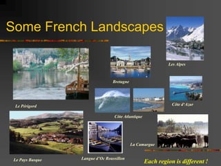 Some French Landscapes
Le Périgord
Les Alpes
Langue d’Oc Roussillon
Bretagne
Côte d‘Azur
Côte Atlantique
La Camargue
Le Pays Basque Each region is different !
 