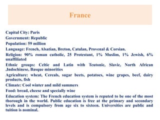France
Capital City: Paris
Government: Republic
Population: 59 million
Language: French, Alsatian, Breton, Catalan, Provenal & Corsian.
Religion: 90% roman catholic, 25 Protestant, 1% Muslim, 1% Jewish, 6%
unaffiliated
Ethnic groups: Celtic and Latin with Teutonic, Slavic, North African
,Indochinese, Basque minorities
Agriculture: wheat, Cereals, sugar beets, potatoes, wine grapes, beef, dairy
products, fish
Climate: Cool winter and mild summers
Food: bread, cheese and specially wine
Education system: The French education system is reputed to be one of the most
thorough in the world. Public education is free at the primary and secondary
levels and is compulsory from age six to sixteen. Universities are public and
tuition is nominal.
 