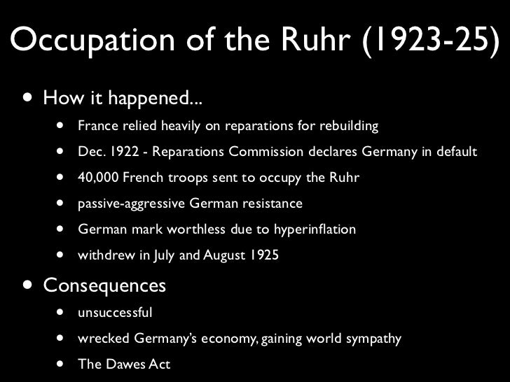 the ruhr crisis 1923 The french occupy the ruhr the reparations became an impossible burden on the economy in january 1923 germany defaulted on the payments. the ruhr crisis 1923 The french occupy the ruhr the reparations became an impossible burden on the economy in january 1923 germany defaulted on the payments.