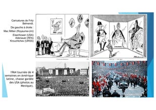 Caricatures de Fritz
Behrendt.
De gauche à droite :
Mac Millan (Royaume-Uni)
Eisenhower (USA)
Adenauer (RFA)
Krouchtchev (URSS)
1964 tournée de 4
semaines en Amérique
latine, chasse gardée
des USA (photos au
Mexique).
 