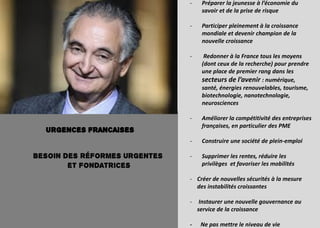 44
- Préparer la jeunesse à l’économie du
savoir et de la prise de risque
- Participer pleinement à la croissance
mondiale et devenir champion de la
nouvelle croissance
- Redonner à la France tous les moyens
(dont ceux de la recherche) pour prendre
une place de premier rang dans les
secteurs de l’avenir : numérique,
santé, énergies renouvelables, tourisme,
biotechnologie, nanotechnologie,
neurosciences
- Améliorer la compétitivité des entreprises
françaises, en particulier des PME
- Construire une société de plein-emploi
- Supprimer les rentes, réduire les
privilèges et favoriser les mobilités
- Créer de nouvelles sécurités à la mesure
des instabilités croissantes
- Instaurer une nouvelle gouvernance au
service de la croissance
- Ne pas mettre le niveau de vie
URGENCES FRANCAISES
Besoin des réformes urgentes
et fondatrices
 