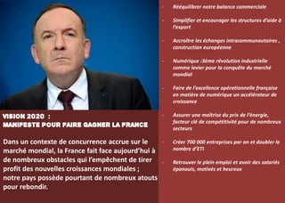 66
Dans un contexte de concurrence accrue sur le
marché mondial, la France fait face aujourd’hui à
de nombreux obstacles qui l’empêchent de tirer
profit des nouvelles croissances mondiales ;
notre pays possède pourtant de nombreux atouts
pour rebondir.
- Rééquilibrer notre balance commerciale
- Simplifier et encourager les structures d’aide à
l’export
- Accroître les échanges intracommunautaires ,
construction européenne
- Numérique :3ème révolution industrielle
comme levier pour la conquête du marché
mondial
- Faire de l’excellence opérationnelle française
en matière de numérique un accélérateur de
croissance
- Assurer une maîtrise du prix de l’énergie,
facteur clé de compétitivité pour de nombreux
secteurs
- Créer 700 000 entreprises par an et doubler le
nombre d’ETI
- Retrouver le plein emploi et avoir des salariés
épanouis, motivés et heureux
VISION 2020 :
MANIFESTE POUR FAIRE GAGNER LA FRANCE
 