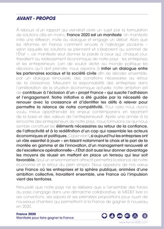 France 2020 
Manifeste pour faire gagner la France 
3 
www.france-2020.com 
Avant - propos 
À rebours d’un rapport qui vie...