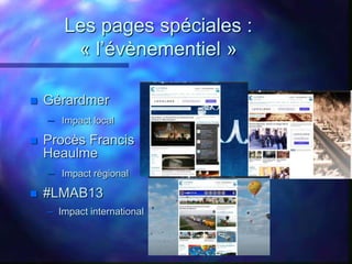 Les pages spéciales : 
« l’évènementiel » 
 Gérardmer 
– Impact local 
 Procès Francis 
Heaulme 
– Impact régional 
 #L...