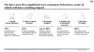 McKinsey & Company 1
We have seen five significant new consumer behaviors, some of
which will have a lasting impact
Source: McKinsey & Company COVID-19 France Consumer Pulse Survey 2/23–2/27/2021, n = 1,003; sampled to match the French general population 18+ years
3. Stickiness
of digital
2. Signs of spend
recovery
4. Rebalancing
of homebody
economy
5. Evolution
of loyalty
1. Steady
overall optimism
32%
of consumers expect
“extra” spend in 2021 to
reward themselves
60%
of consumers have
changed stores, brands
or the way they shop
Up to 90%
intend to continue
purchasing online
post-COVID-19 (from
those who currently do)
31%
of consumers have
invested in new uses
of their living space
at home
18%
of consumers are
optimistic about
economic recovery
versus 11% in November
 