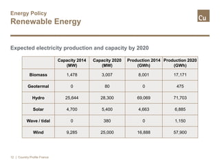 Energy Policy
Renewable Energy
Expected electricity production and capacity by 2020
| Country Profile France12
Capacity 2014
(MW)
Capacity 2020
(MW)
Production 2014
(GWh)
Production 2020
(GWh)
Biomass 1,478 3,007 8,001 17,171
Geotermal 0 80 0 475
Hydro 25,644 28,300 69,069 71,703
Solar 4,700 5,400 4,663 6,885
Wave / tidal 0 380 0 1,150
Wind 9,285 25,000 16,888 57,900
 