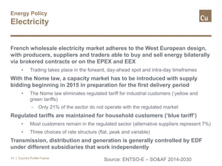 Energy Policy
Electricity
French wholesale electricity market adheres to the West European design,
with producers, suppliers and traders able to buy and sell energy bilaterally
via brokered contracts or on the EPEX and EEX
• Trading takes place in the forward, day-ahead spot and intra-day timeframes
With the Nome law, a capacity market has to be introduced with supply
bidding beginning in 2015 in preparation for the first delivery period
• The Nome law eliminates regulated tariff for industrial customers (‘yellow and
green tariffs)
- Only 21% of the sector do not operate with the regulated market
Regulated tariffs are maintained for household customers (‘blue tariff’)
• Most customers remain in the regulated sector (alternative suppliers represent 7%)
• Three choices of rate structure (flat, peak and variable)
Transmission, distribution and generation is generally controlled by EDF
under different subsidiaries that work independently
| Country Profile France14
Source: ENTSO-E – SO&AF 2014-2030
 