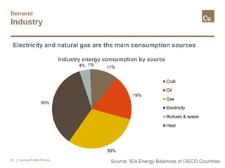 Demand
Industry
| Country Profile France25
Source: IEA Energy Balances of OECD Countries
11%
19%
30%
35%
4% 1%
Industry energy consumption by source
Coal
Oil
Gas
Electricity
Biofuels & waste
Heat
Electricity and natural gas are the main consumption sources
 