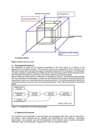 Figure 1:Mayer learning model
2. The proposed framework
The framework is based on the personal experience of the main author as a lecturer in the
Department of Computer Science. This could be used for the development of the curriculum and
learning modules which will raise the quality of educational attainment for all students. The framework
is based on Mayer‟s model of learning (1989) and the three dimensions which will be presented within
this framework arematerial to be learned, presentation method and learning strategy.
Mayer‟s learning model contains six elements, as identified in Figure 2. The learning model provides
the main elements of the framework, in which the characteristics of the learner, learning material and
presentation method are initial elementsof the learning process. The otherthree elements identify the
learning performance, learning outcomes andlearning process. These will be presented in more detail
below.
Figure 2: Components of the learning process
2.1.Material to be learned
The material to be learnedrefers to the techniques and conceptual ideas that could be presented in
the session. These materials can be regulated and identifiedby two key headings - technology
andconcepts. The materials used will be independent of the method used to provide information;
effectively, „what‟ will be learned is independent of „how‟ this material is offered.
 