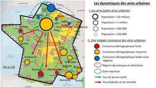 Les dynamiques des aires urbaines
Doc p 116
I. Les principales aires urbaines
Population > 10 millions
Population > 1 million
Population > 500 000
Population > 250 000
Paris
Lyon
Lille
Reims
Metz-
Nancy
Strasbourg
Rouen
Grenoble
Nice
Marseille Toulon
Montpellier
Avignon
Toulouse
Bordeaux
Tours
Nantes
Rennes
II. Une inégale croissance des aires urbaines
Croissance démographique forte
Croissance démographique moyenne
Croissance démographique faible voire
négative
Régions dynamiques et attractives
Zone répulsive
Flux de jeunes actifs
Flux d’adultes et de retraités
 
