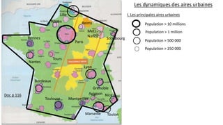 Les dynamiques des aires urbaines
Doc p 116
I. Les principales aires urbaines
Population > 10 millions
Population > 1 million
Population > 500 000
Population > 250 000
Paris
Lyon
Lille
Reims
Metz-
Nancy
Strasbourg
Rouen
Grenoble
Nice
Marseille Toulon
Montpellier
Avignon
Toulouse
Bordeaux
Tours
Nantes
Rennes
 