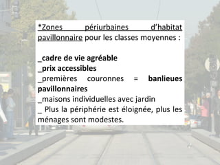 *Zones
périurbaines
d’habitat
pavillonnaire pour les classes moyennes :
_cadre de vie agréable
_prix accessibles
_premières couronnes = banlieues
pavillonnaires
_maisons individuelles avec jardin
_ Plus la périphérie est éloignée, plus les
ménages sont modestes.

 