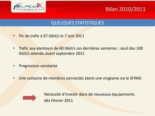 Bilan 2010/2011

                       QUELQUES STATISTIQUES

•   Pic de trafic à 67 Gbit/s le 7 Juin 2011

•   Trafic aux alentours de 60 Gbit/s ces dernières semaines : seuil des 100
    Gbit/s attendu avant septembre 2011

•   Progression constante

•   Une centaine de membres connectés (dont une vingtaine via le SFINX)


                   Nécessité d’investir dans de nouveaux équipements
                   dès Février 2011
 