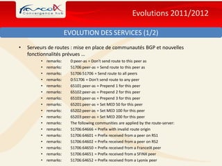 Evolutions 2011/2012

                        EVOLUTION DES SERVICES (1/2)
•   Serveurs de routes : mise en place de communautés BGP et nouvelles
    fonctionnalités prévues …
         •   remarks:     0:peer-as = Don't send route to this peer as
         •   remarks:     51706:peer-as = Send route to this peer as
         •   remarks:     51706:51706 = Send route to all peers
         •   remarks:     0:51706 = Don't send route to any peer
         •   remarks:     65101:peer-as = Prepend 1 for this peer
         •   remarks:     65102:peer-as = Prepend 2 for this peer
         •   remarks:     65103:peer-as = Prepend 3 for this peer
         •   remarks:     65201:peer-as = Set MED 50 for this peer
         •   remarks:     65202:peer-as = Set MED 100 for this peer
         •   remarks:     65203:peer-as = Set MED 200 for this peer
         •   remarks:     The following communities are applied by the route-server:
         •   remarks:     51706:64666 = Prefix with invalid route origin
         •   remarks:     51706:64601 = Prefix received from a peer on RS1
         •   remarks:     51706:64602 = Prefix received from a peer on RS2
         •   remarks:     51706:64650 = Prefix received from a FranceIX peer
         •   remarks:     51706:64651 = Prefix received from a SFINX peer
         •   remarks:     51706:64652 = Prefix received from a Lyonix peer
 