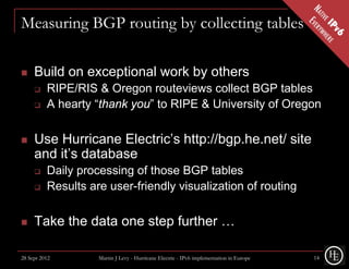 Measuring BGP routing by collecting tables

    Build on exceptional work by others
         RIPE/RIS & Oregon routeviews collect BGP tables
         A hearty “thank you” to RIPE & University of Oregon

    Use Hurricane Electric’s http://bgp.he.net/ site
     and it’s database
         Daily processing of those BGP tables
         Results are user-friendly visualization of routing

    Take the data one step further …

28 Sept 2012        Martin J Levy - Hurricane Electric - IPv6 implementation in Europe   14
 