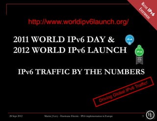 http://www.worldipv6launch.org/

   2011 WORLD IPv6 DAY &
   2012 WORLD IPv6 LAUNCH

       IPv6 TRAFFIC BY THE NUMBERS




28 Sept 2012       Martin J Levy - Hurricane Electric - IPv6 implementation in Europe   5
 