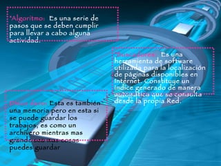 Algoritmo:  Es una serie de pasos que se deben cumplir para llevar a cabo alguna actividad.   Buscadores:  Es una herramienta de software utilizada para la localización de páginas disponibles en Internet. Constituye un índice generado de manera automática que se consulta desde la propia Red.   Disco duro:  Esta es también una memoria pero en esta si se puede guardar los trabajos, es como un archivero mientras mas grande sea mas cosas puedes guardar 