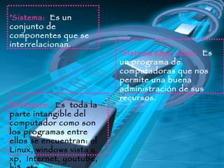 Sistema:  Es un conjunto de componentes que se interrelacionan. Sistema Operativo:  Es un programa de computadoras que nos permite una buena administración de sus recursos. Software:   Es  toda la parte intangible del computador como son los programas entre ellos se encuentran: el Linux, windows vista y xp,  Internet, youtube, hi5, etc.  