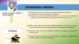 ESTABILIDAD LABORAL
Cuando el patrono despida a
un(os) trabajador
 Deberá Participarlo al Juez de Sustanciación, Mediación y ejecución
 Indicando las causas que justifiquen el despido
 Dentro de los cinco días hábiles siguientes, de no hacerlo se le tendrá por
confeso, en el reconocimiento que el despido lo hizo sin justa causa.
El Trabajador
 Podrá acudir ante el Juez de Sustanciación, Mediación y Ejecución, en caso de
no estar de acuerdo con la procedencia de la causa alegada para despedirlo.
 Para que el Juez de Juicio la califique y ordene su reenganche y pago de los
salarios caídos.
 SI Dejare transcurrir el lapso de 10 días hábiles sin solicitar la calificación del
despido, perderá el derecho a reenganche.
 
