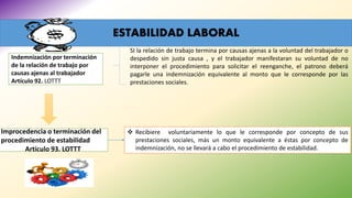 ESTABILIDAD LABORAL
Indemnización por terminación
de la relación de trabajo por
causas ajenas al trabajador
Artículo 92. LOTTT
SI la relación de trabajo termina por causas ajenas a la voluntad del trabajador o
despedido sin justa causa , y el trabajador manifestaran su voluntad de no
interponer el procedimiento para solicitar el reenganche, el patrono deberá
pagarle una indemnización equivalente al monto que le corresponde por las
prestaciones sociales.
Improcedencia o terminación del
procedimiento de estabilidad
Artículo 93. LOTTT
 Recibiere voluntariamente lo que le corresponde por concepto de sus
prestaciones sociales, más un monto equivalente a éstas por concepto de
indemnización, no se llevará a cabo el procedimiento de estabilidad.
 