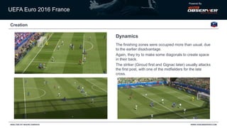 UEFA Euro 2016 France
Powered By
WWW.VIDEOBSERVER.COMANALYSIS BY MAURO SARAIVA
Creation
Dynamics
The finishing zones were occupied more than usual, due
to the earlier disadvantage.
Again, they try to make some diagonals to create space
in their back.
The striker (Giroud first and Gignac later) usually attacks
the first post, with one of the midfielders for the late
cross.
 