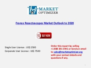 France Resectoscopes Market Outlook to 2020 
Single User License : US$ 2500 
Corporate User License : US$ 7500 
Order this report by calling 
+1 888 391 5441 or Send an email 
to sales@marketoptimizer.org 
with your contact details and 
questions if any. 
1 
 