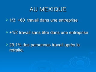 AU MEXIQUE 1/3  +60  travail dans une entreprise +1/2 travail sans être dans une entreprise 29.1% des personnes travail après la retraite. 