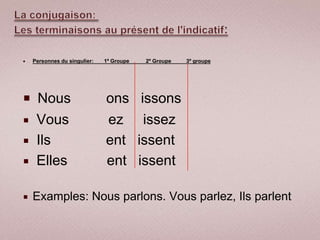    Personnes du singulier:   1º Groupe    2º Groupe   3º groupe




 Nous                        ons          issons
    Vous                     ez            issez
    Ils                      ent         issent
    Elles                    ent         issent

   Examples: Nous parlons. Vous parlez, Ils parlent
 