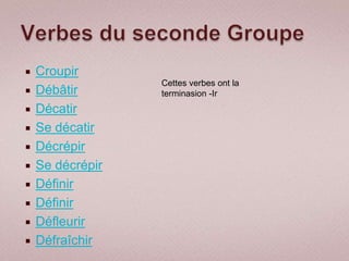    Croupir
                  Cettes verbes ont la
   Débâtir       terminasion -Ir
   Décatir
   Se décatir
   Décrépir
   Se décrépir
   Définir
   Définir
   Défleurir
   Défraîchir
 