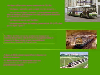 des lignes à Paris intra muros, numérotées de 20 à 96 ; * des lignes « spéciales », par exemple vers les aéroports ; * des services de lignes « urbaines », principalement dans des villes de banlieue, généralement avec une participation financière des collectivités concernées ; * des lignes de bus de nuit Noctilien ; * de nombreuses lignes de banlieue, numérotés de 101 à 670, ainsi que les lignes Apolo 7. Le  Métro  de Pari s  est un des systèmes de transport en commun desservant la ville de  Paris  et  son   agglomeration . Il comporte 16 lignes en site propre, essentiellement souterraines, totalisant 213  km  de voies.  - 5 lignes de RER existent aujourd'hui et chacune est divisée en branches. - Le RER traverse Paris pour mettre dans une communication aux quartiers d'alentours geográficamente opposés Lucas Milotich 