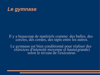Le gymnase Il y a beaucoup de matériels comme: des balles, des cercles, des cordes, des tapìs entre les autres. Le gymnase est bien conditionné pour réaliser des exercices d'intensité moyenne et haute(grande) selon le niveau de l'exécuteur. 