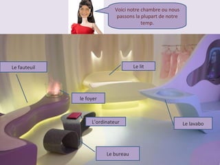 Voici notre chambre ou nous
                              passons la plupart de notre
                                         temp.




Le fauteuil                          Le lit




              le foyer



                   L’ordinateur                             Le lavabo




                         Le bureau
 