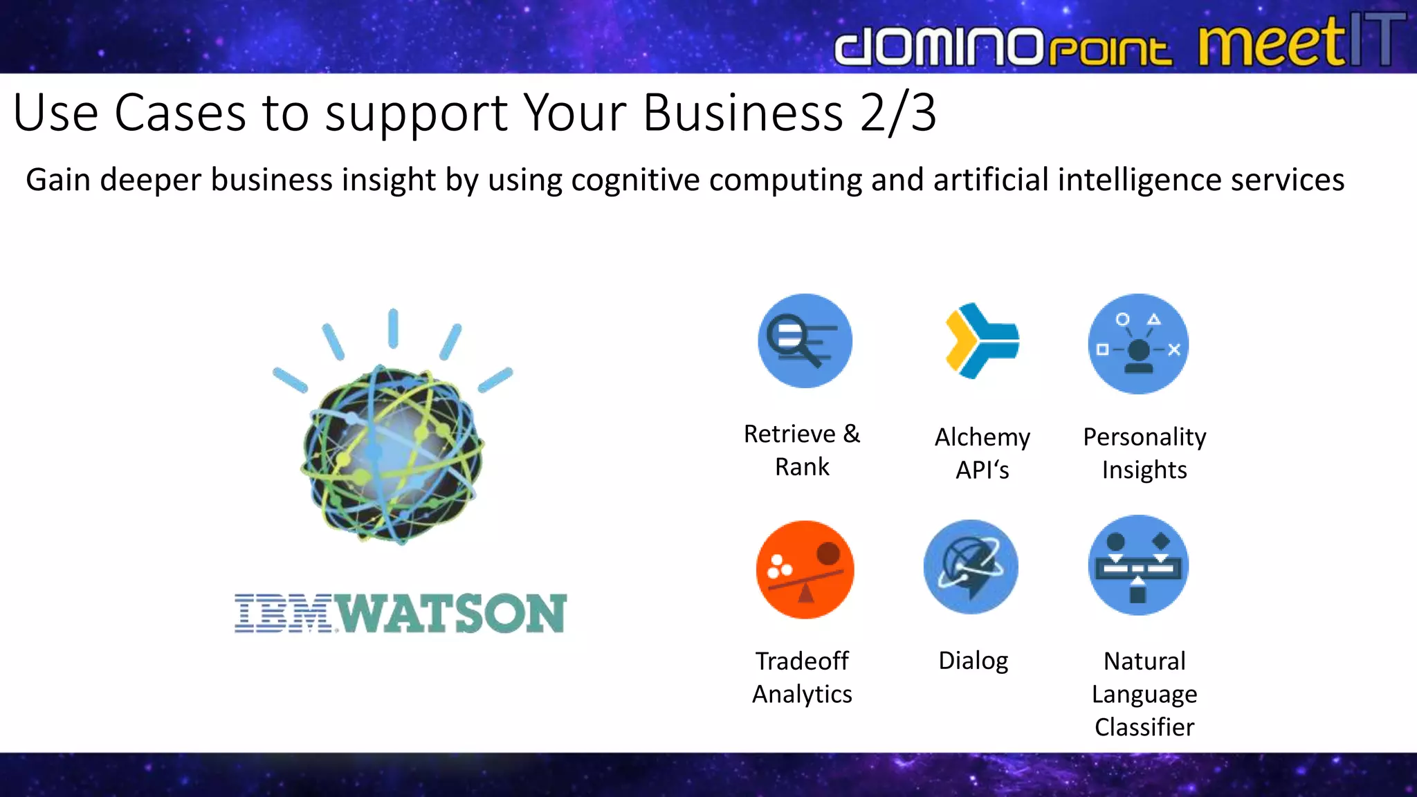 Use Cases to support Your Business 2/3
Gain deeper business insight by using cognitive computing and artificial intelligence services
Retrieve &
Rank
Alchemy
API‘s
Personality
Insights
Tradeoff
Analytics
Dialog Natural
Language
Classifier
 