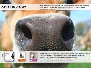 Why US? Because I love the culture mix. Because America
AM I MOVING?   gave birth to the AD industry. Because it smells and
               sounds different.




               I’m Italian-charming, Spanish-smiling and New York-buzzing.,
MY JOB




               I believe that I can significantly contribute to your
               company’s growth and overall profitability.
               This is my Sponsorship campaign. To know more please visit
               www.uscis.gov or contact the embassy.
 