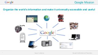 Google Mission
Organize the world's information and make it universally accessible and useful

*

Google Confidential

Goo...