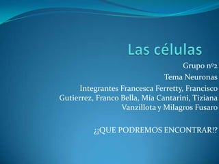 Las células Grupo nº2 Tema Neuronas Integrantes Francesca Ferretty, Francisco Gutierrez, Franco Bella, Mía Cantarini, Tiziana Vanzillota y Milagros Fusaro                  ¿¡QUE PODREMOS ENCONTRAR!? 
