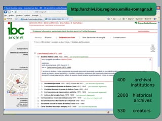 http://archivi.ibc.regione.emilia-romagna.it
400 archival
institutions
!
2800 historical
archives
!
530 creators
 