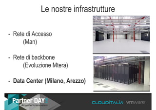 Le nostre infrastrutture
- Rete di Accesso
(Man)
- Rete di backbone
(Evoluzione Mtera)
- Data Center (Milano, Arezzo)
 