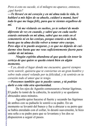 Pero si esto no sucede, si el milagro no aparece, entonces,
¿qué harás?
—Te llevaré en mi corazón y en mi alma toda la vida, le
hablaré a mis hijos de su abuelo, cuidaré a mamá, haré
todo lo que me haga feliz, para que te sientas orgulloso de
mí.
Y tú me visitarás en sueños, yo te soñaré de modo
diferente de vez en cuando, y sabré que en cada sueño
estarás entrando en mi alma, sabré que no estás en el
cementerio ni en las cenizas, porque estarás a mi lado,
hasta que tu alma decida volver a tomar otro cuerpo.
Pero algo si te puedo asegurar, y es que no dejarás de cui-
darme sino hasta que me veas suficientemente fuerte para
cuidar de mí mismo.
Ningún espíritu abandona al que queda sin tener la
certeza de que quien se queda estará bien en algún
momento.
—Y yo, desde el lugar donde me encuentre, querré siempre
verte sonreír, quisiera que te conviertas en un gran hombre y
sobre todo estaré velando por tu felicidad, y tú sentirás en tu
corazón todo el amor que te tengo.
—Pensemos también que te puedes sanar, y tú podrías
darle a esta vida otra oportunidad.
De los ojos de Agustín comenzaron a brotar lágrimas.
El padre lo tomó de la cabecita, lo acarició y se quedaron
abrazados unos minutos.
Agustín quiso hacerse el fuerte y secando las lágrimas
de ambos con su pañuelo le sonrió a su padre. En un
momento se levantó del banco y fue a abrazar a su perro que
se había enredado con el collar, lo desató suavemente, le hizo
una seña a su padre para que se levantara y los dos se
dispusieron a seguir el paseo.
www.expandiendolaconciencia.blogspot.com
 